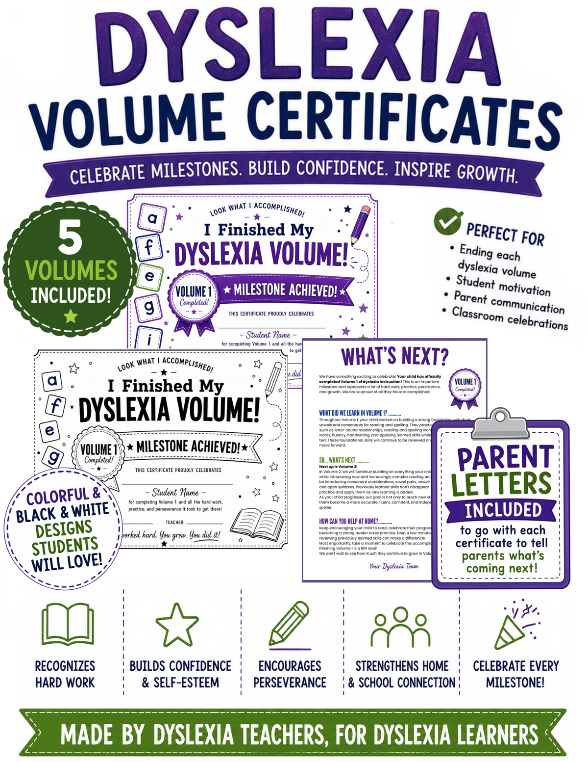 Dyslexia Volume Completion Certificates | Volumes 1–5 | Parent Letters Included