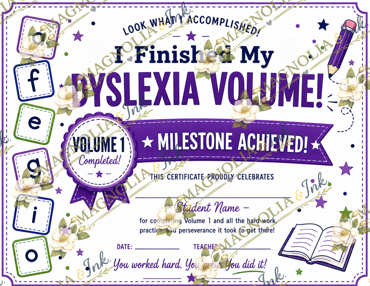 Dyslexia Volume Completion Certificates | Volumes 1–5 | Parent Letters Included