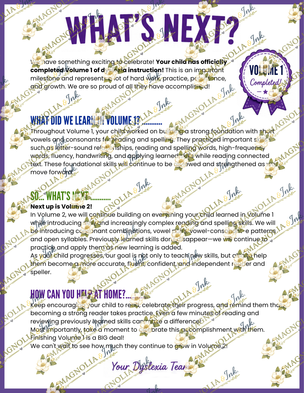 Dyslexia Volume Completion Certificates | Volumes 1–5 | Parent Letters Included