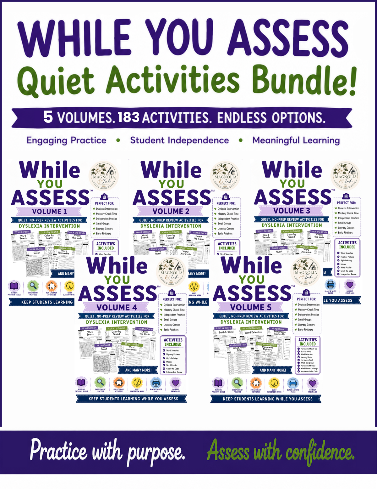 While You Assess™ Volume 1 - 5 Bundle | 183 No-Prep Dyslexia Review Activities