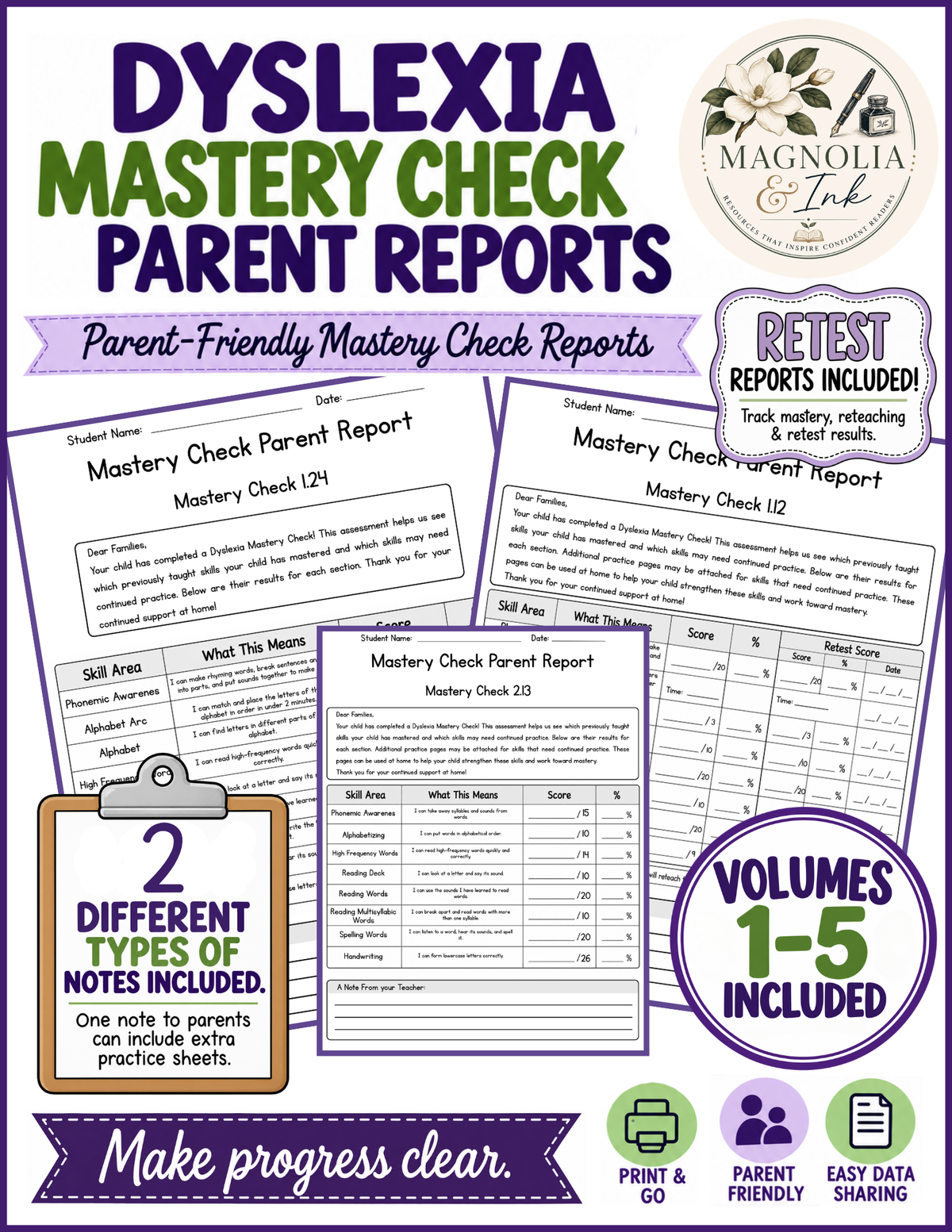 Promotional graphic for a dyslexia mastery check parent report bundle by Magnolia & Ink, showing sample report pages, note clipboards, and callout badges on a white background with purple and green text.