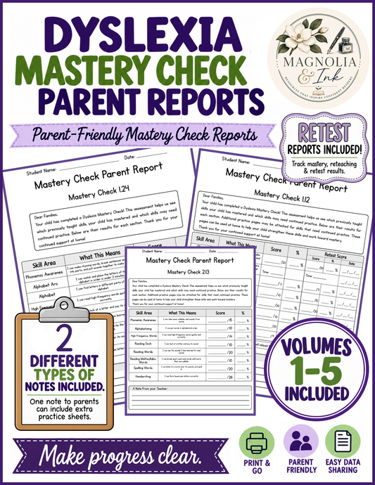 Promotional graphic for a dyslexia mastery check parent report bundle by Magnolia & Ink, showing sample report pages, note clipboards, and callout badges on a white background with purple and green text.