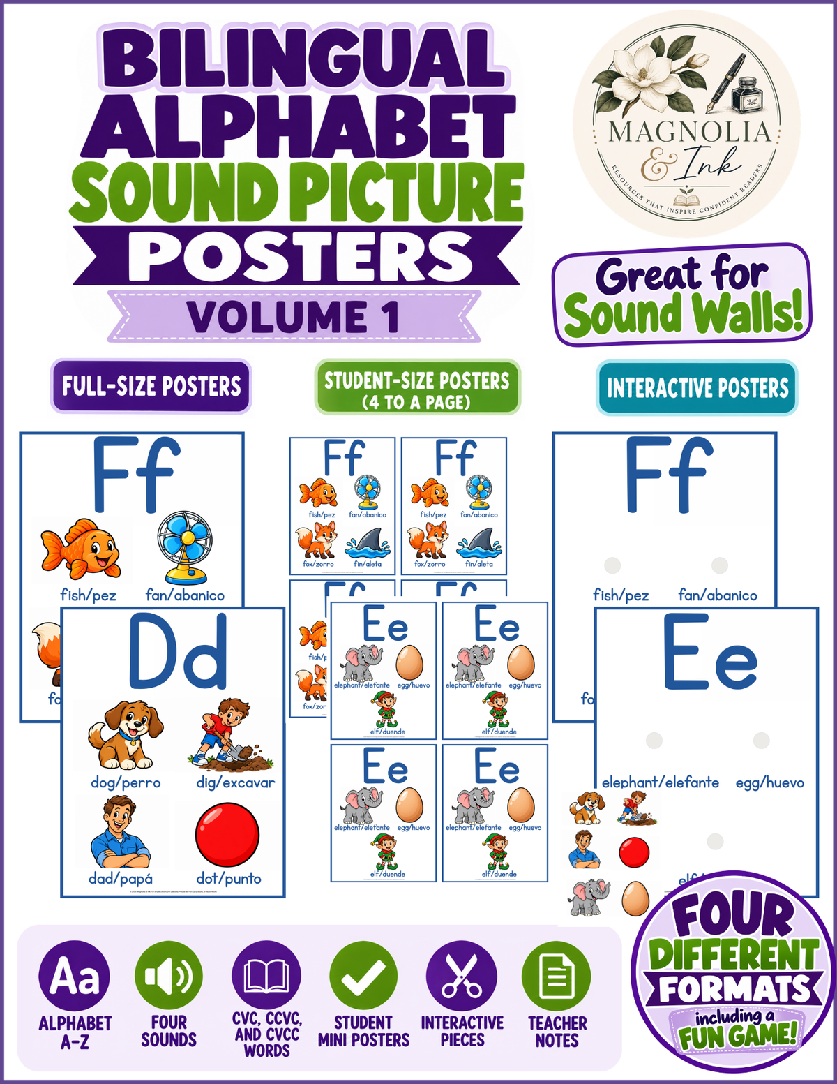Bilingual Alphabet Sound Wall Posters | English & Spanish Posters | Volume 1