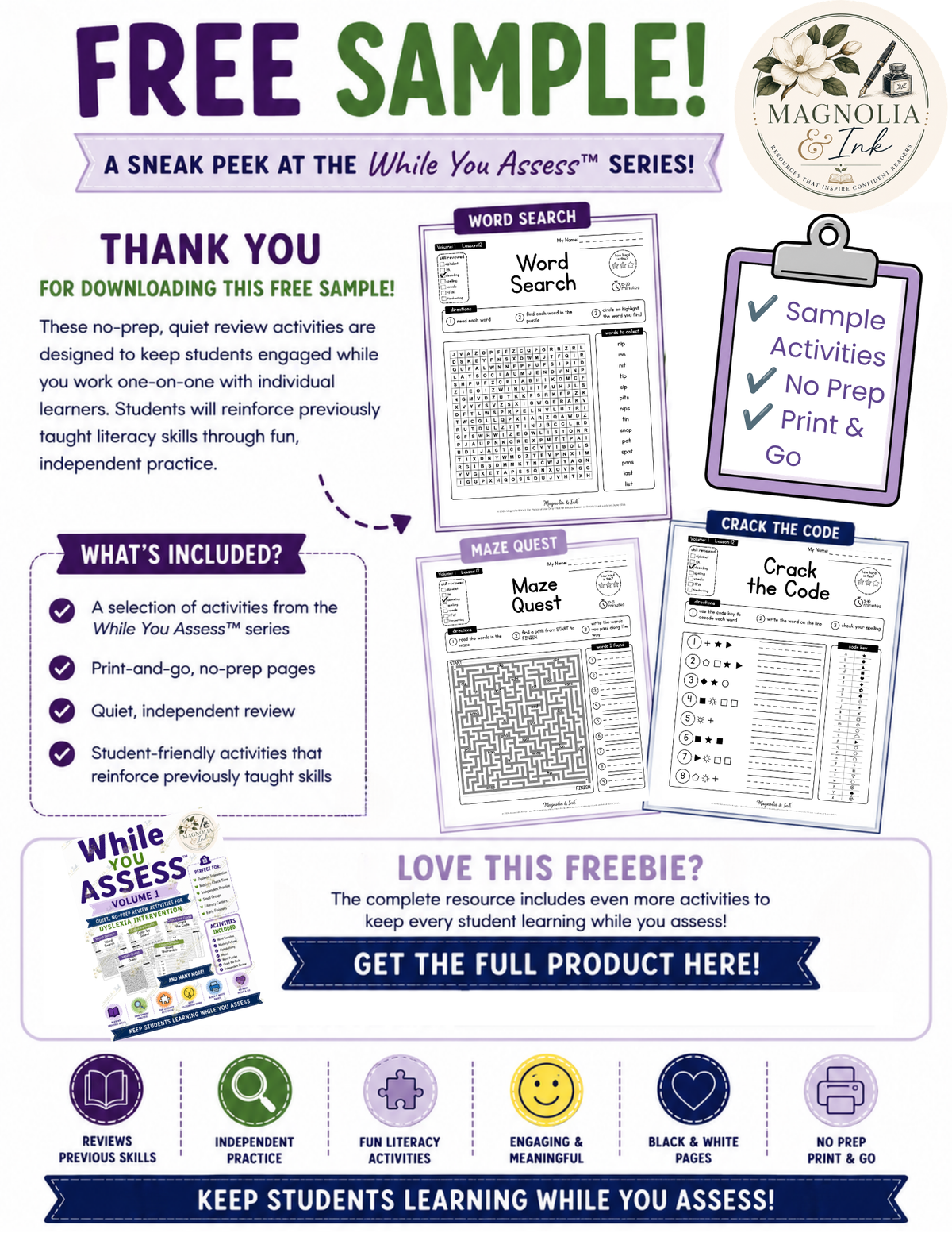 FREE While You Assess™ Sample | Dyslexia Review Activities | No Prep